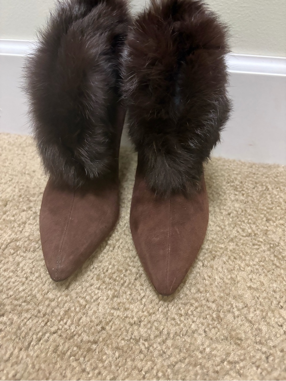Allure Brown Suede Pointed-Toe Heeled Boots with Faux Fur Cuff